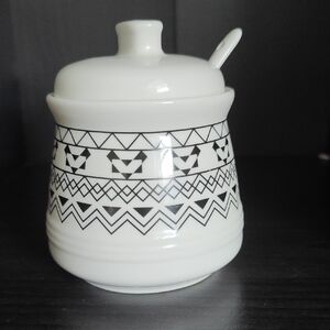 DOWAN Porcelain Sugar Bowl with Lid and Spoon White/Black Porcelain Bohemian EUC
